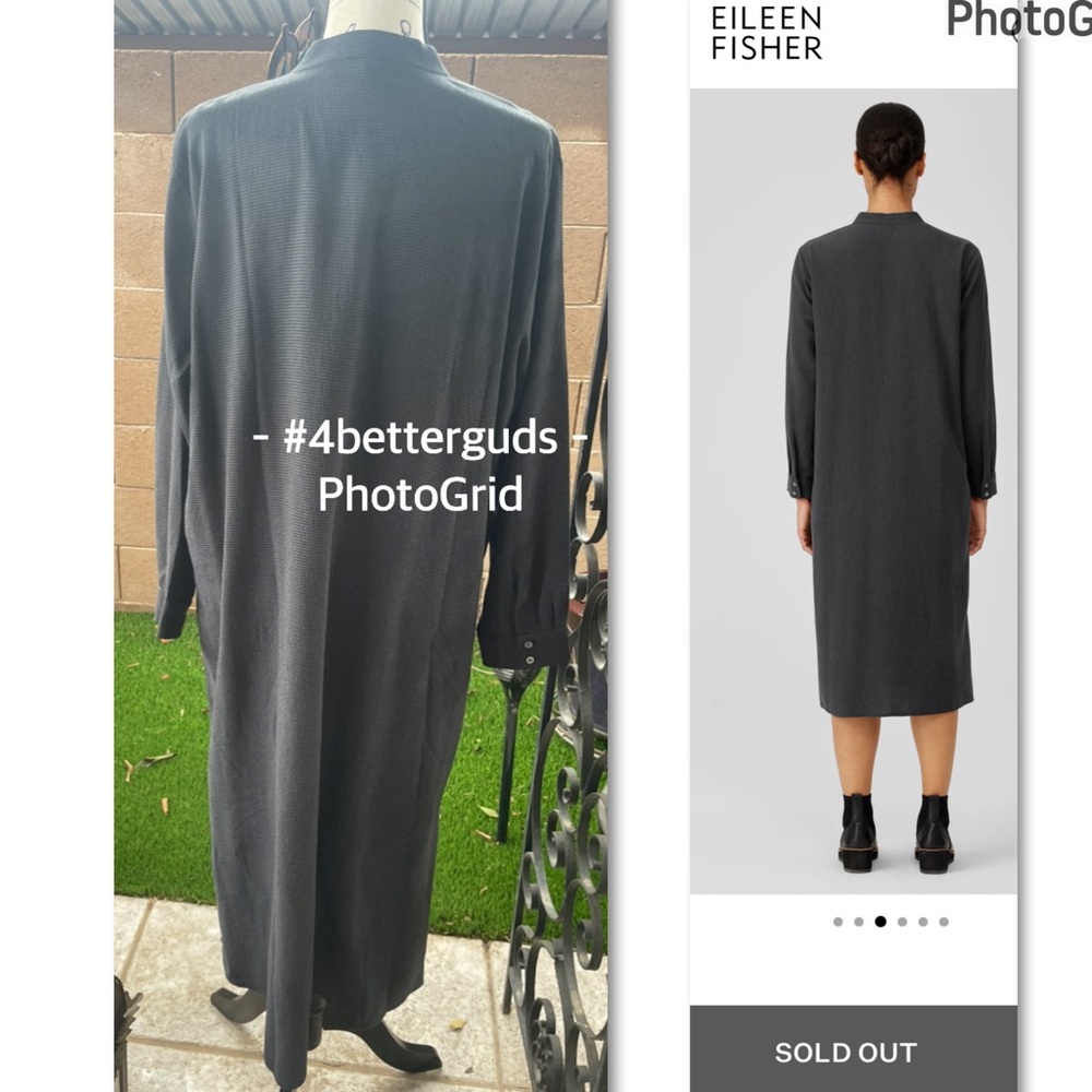Eileen Fisher Mini Check Crepe Mandarin Collar Long Sleeve Shirt Dress LG L/G - Picture 3 of 16